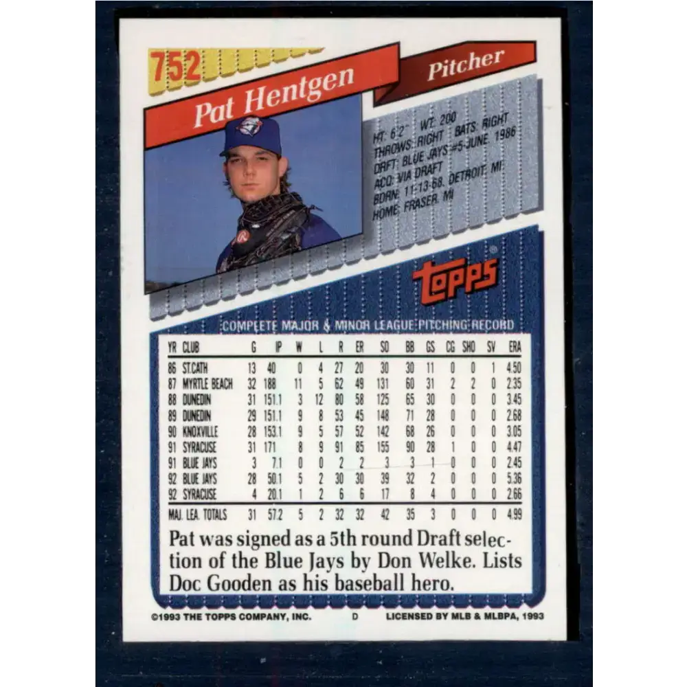 1993 Topps #752 Pat Hentgen NM-MT Toronto Blue Jays Baseball Card - Baseball Card Single