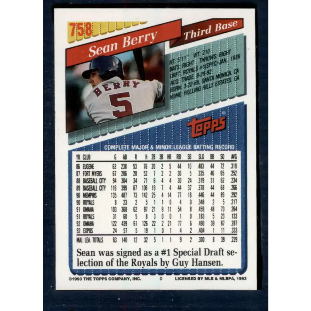 1993 Topps #758 Sean Berry NM-MT Montreal Expos Baseball Card - Baseball Card Single