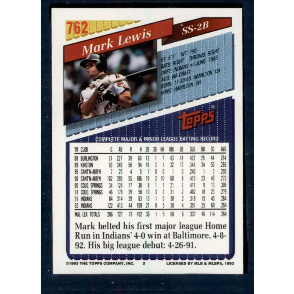 1993 Topps #762 Mark Lewis NM-MT Cleveland Indians Baseball Card - Baseball Card Single
