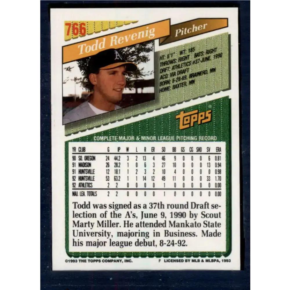 1993 Topps #766 Todd Revenig NM-MT Oakland Athletics Baseball Card - Baseball Card Single