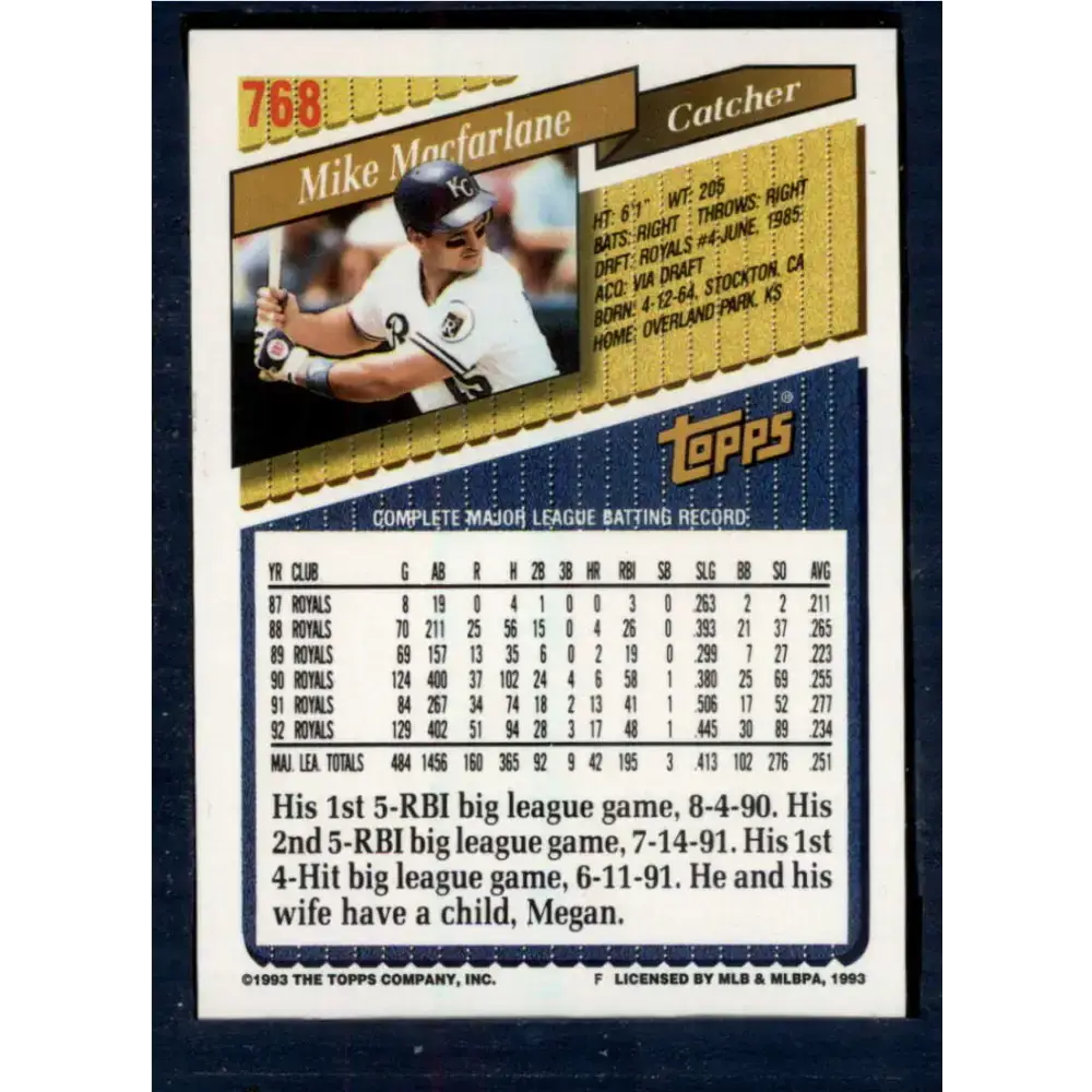1993 Topps #768 Mike Macfarlane NM-MT Kansas City Royals Baseball Card - Baseball Card Single