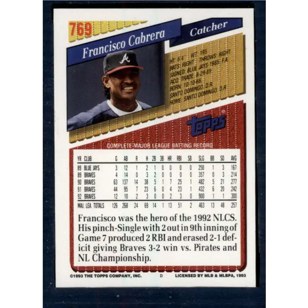 1993 Topps #769 Francisco Cabrera NM-MT Atlanta Braves Baseball Card - Baseball Card Single