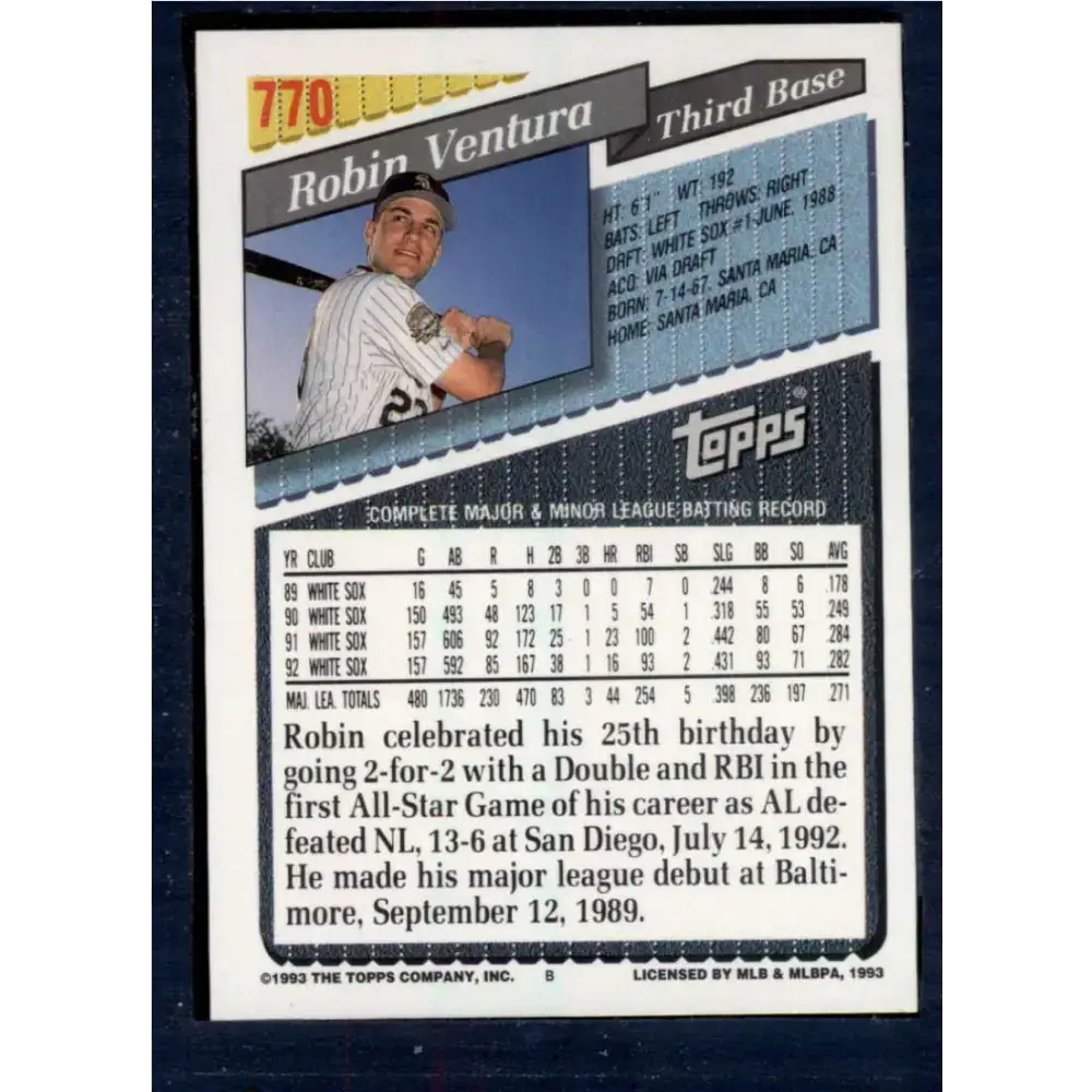 1993 Topps #770 Robin Ventura NM-MT Chicago White Sox Baseball Card - Baseball Card Single
