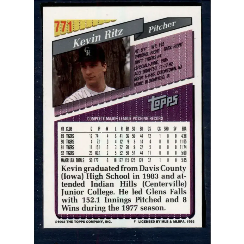 1993 Topps #771 Kevin Ritz NM-MT Colorado Rockies Baseball Card - Baseball Card Single