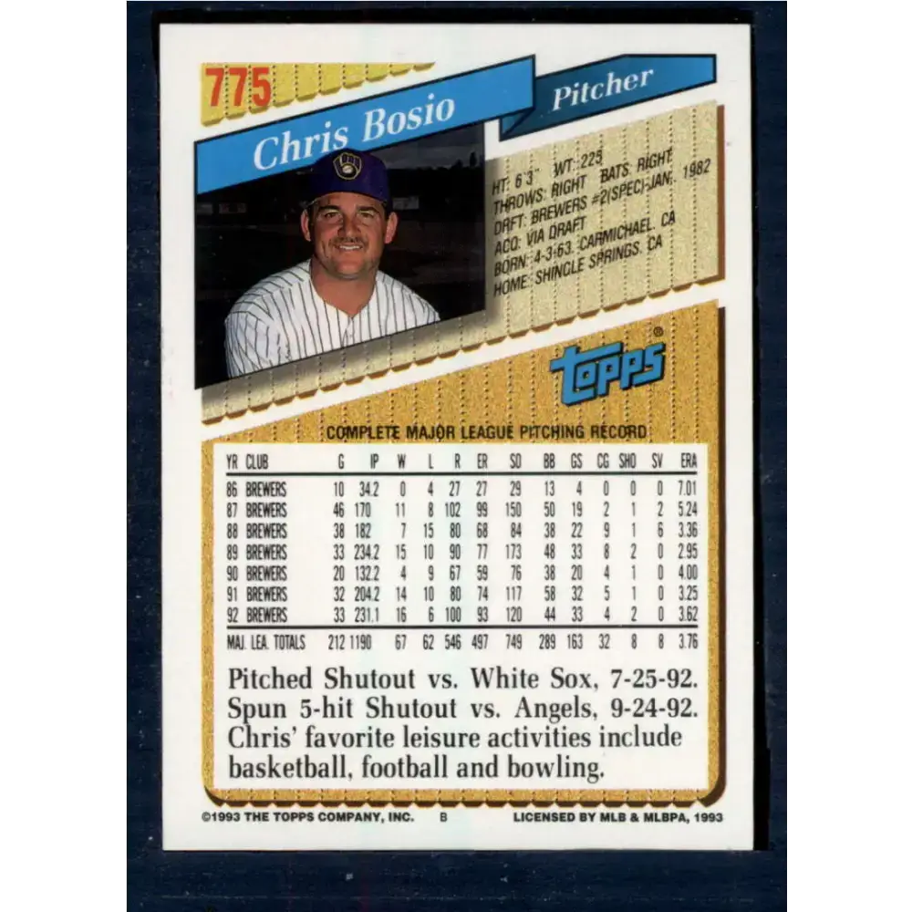1993 Topps #775 Chris Bosio NM-MT Milwaukee Brewers Baseball Card - Baseball Card Single
