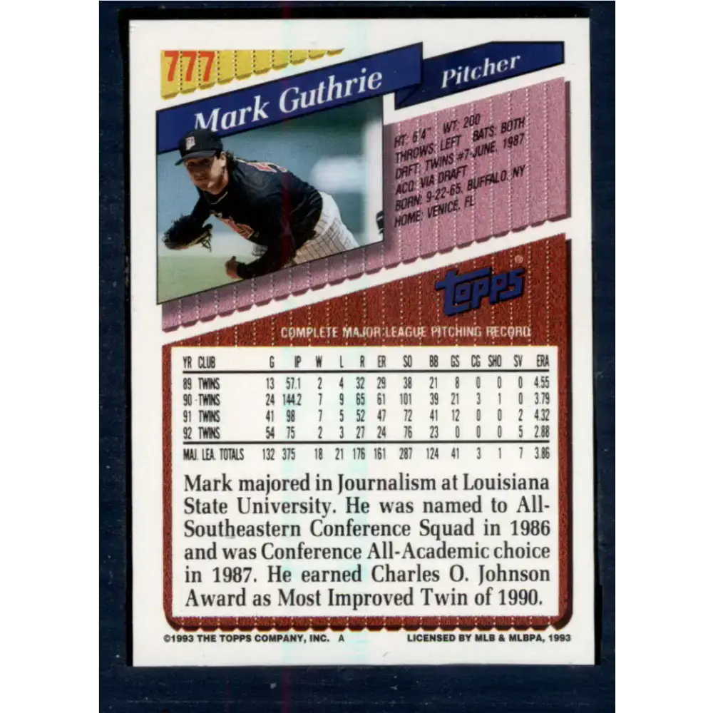 1993 Topps #777 Mark Guthrie NM-MT Minnesota Twins Baseball Card - Baseball Card Single