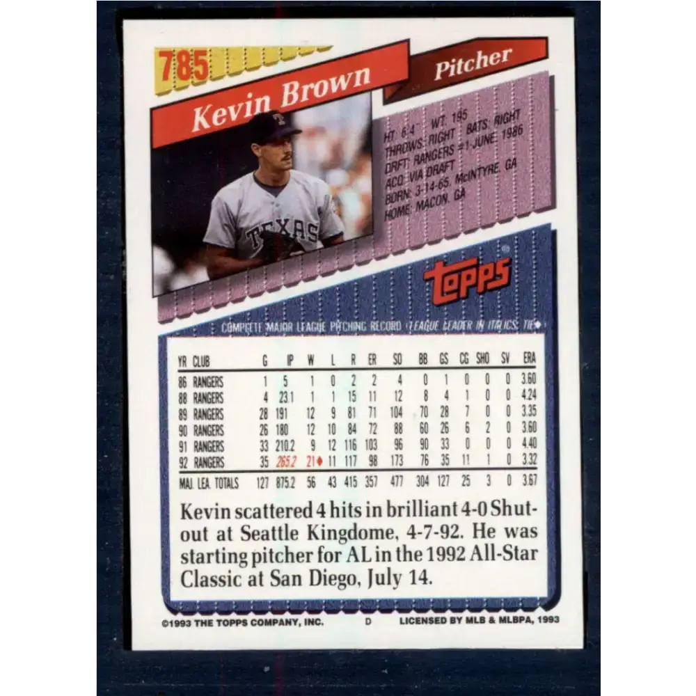 1993 Topps #785 Kevin Brown NM-MT Texas Rangers Baseball Card - Baseball Card Single