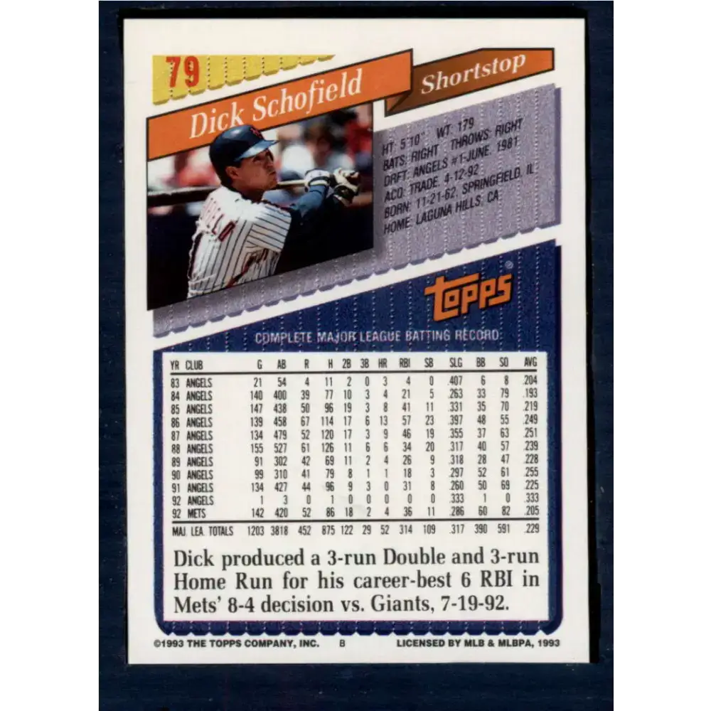 1993 Topps #79 Dick Schofield NM-MT New York Mets Baseball Card - Baseball Card Single