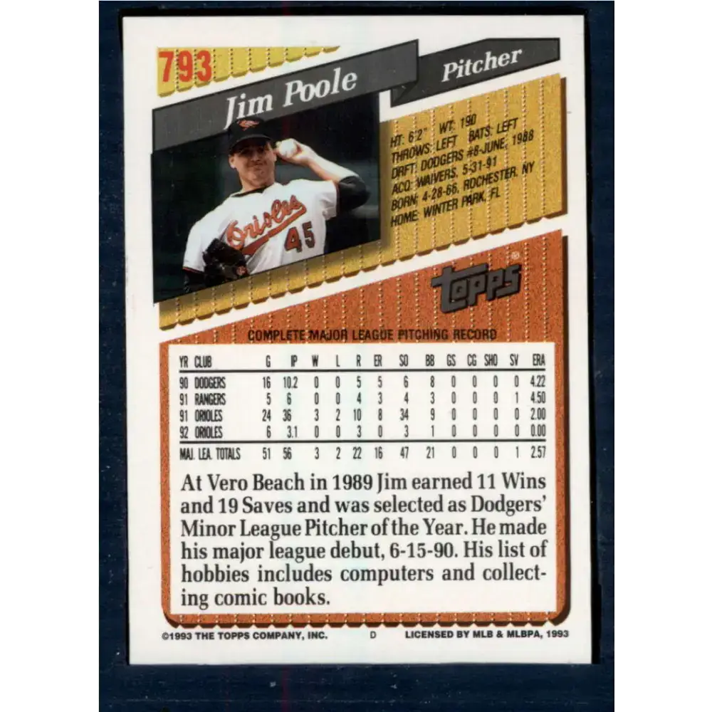 1993 Topps #793 Jim Poole NM-MT Baltimore Orioles Baseball Card - Baseball Card Single