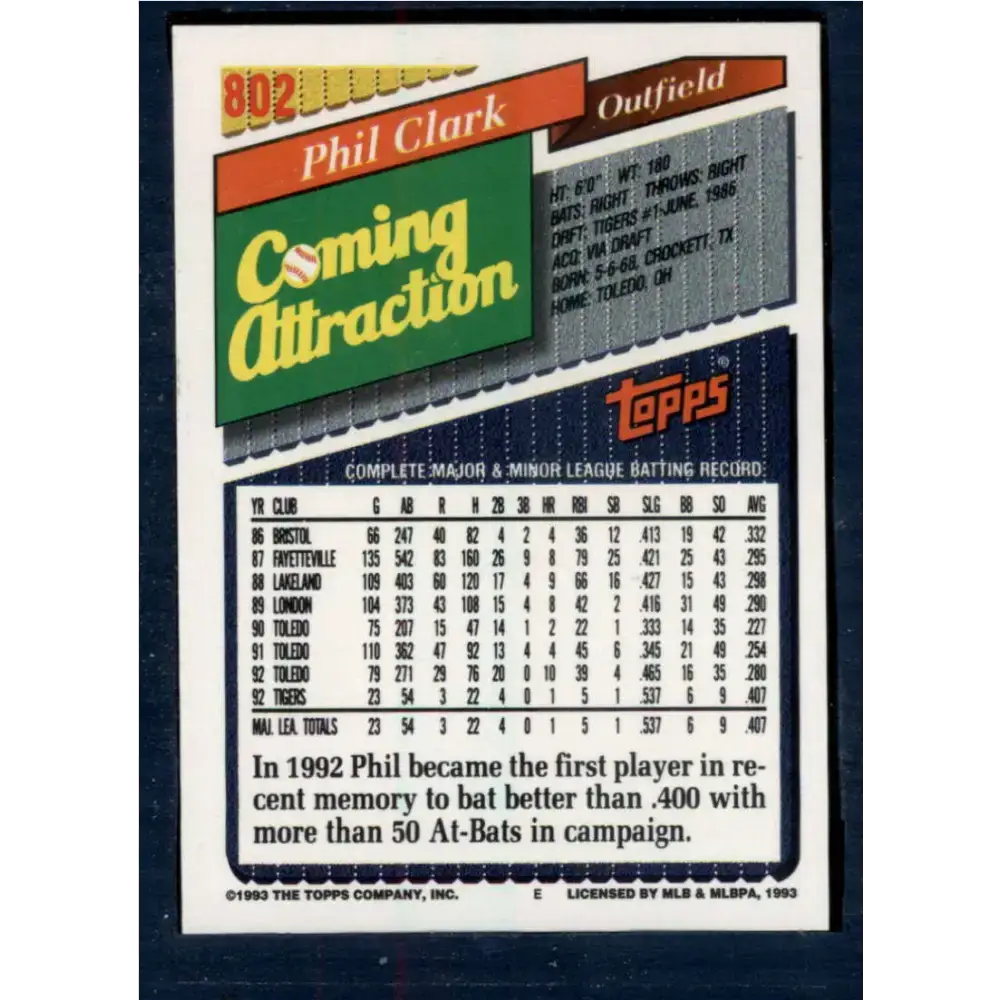 1993 Topps #802 Phil Clark NM-MT Detroit Tigers Baseball Card - Baseball Card Single