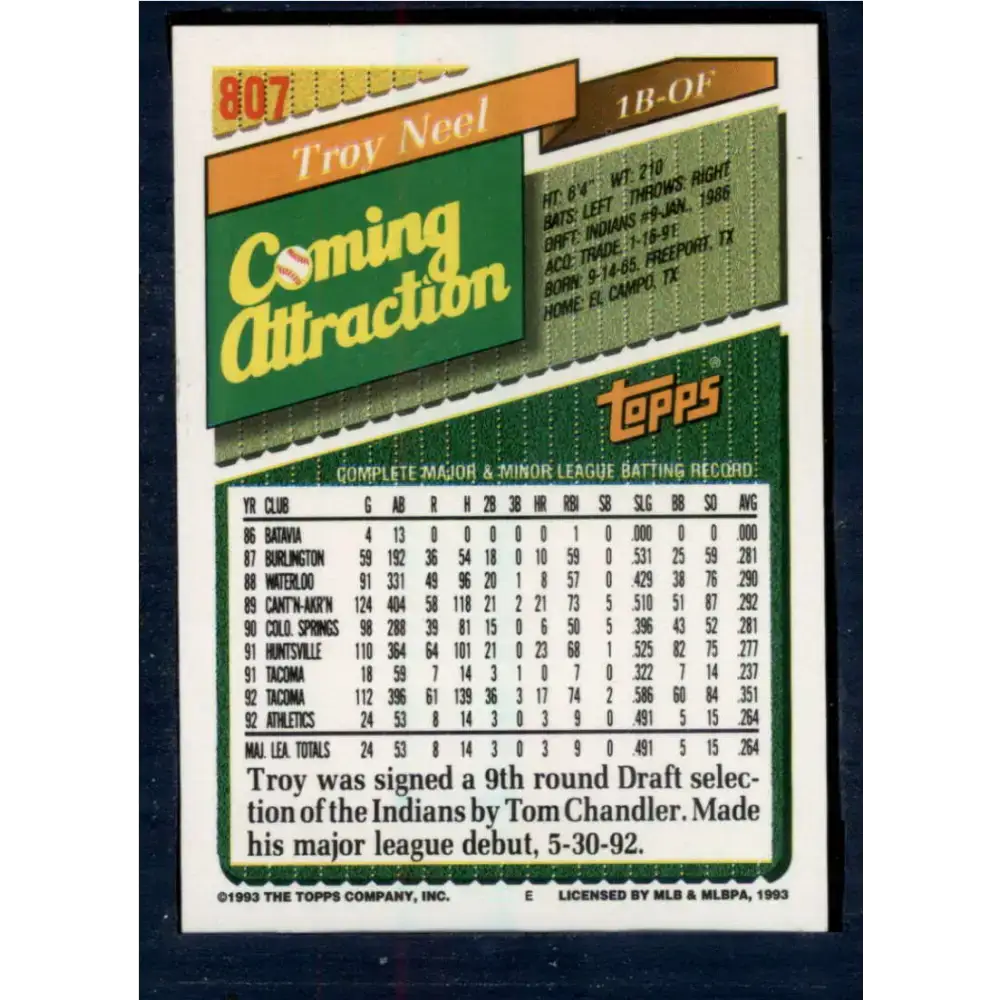 1993 Topps #807 Troy Neel NM-MT Oakland Athletics Baseball Card - Baseball Card Single