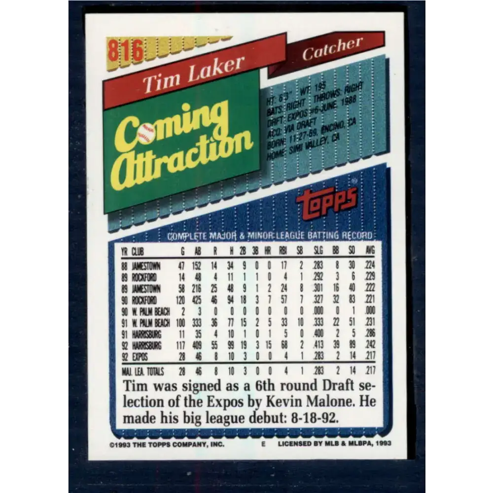 1993 Topps #816 Tim Laker NM-MT RC Rookie Montreal Expos Baseball Card - Baseball Card Single
