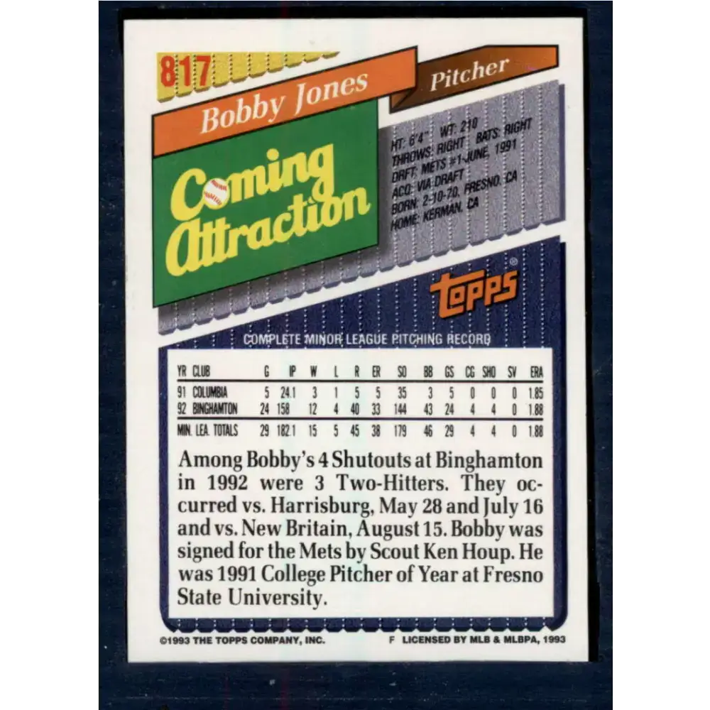1993 Topps #817 Bobby Jones NM-MT New York Mets Baseball Card - Baseball Card Single