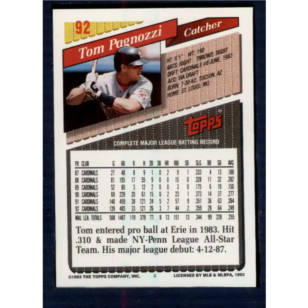 1993 Topps #92 Tom Pagnozzi NM-MT St. Louis Cardinals Baseball Card