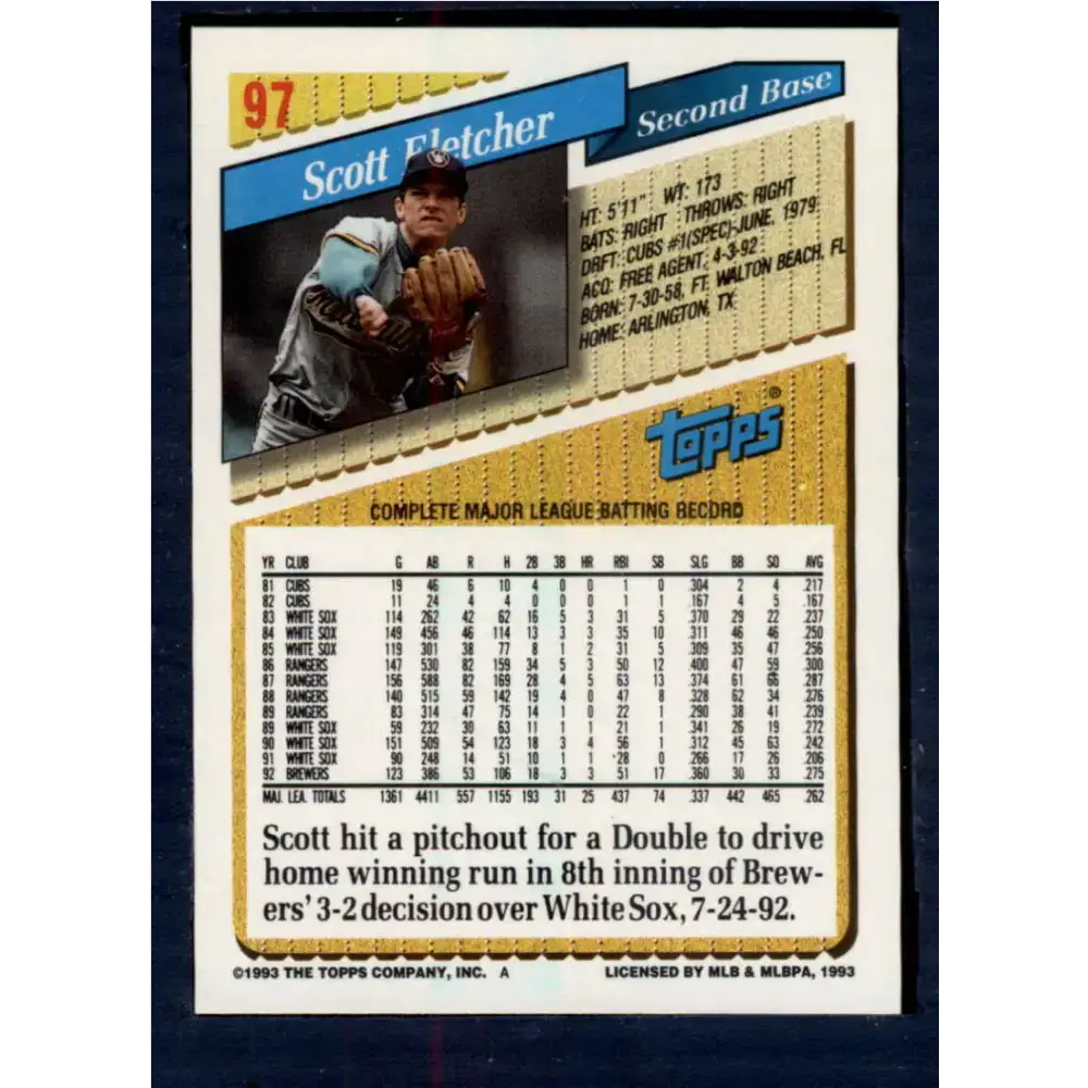 1993 Topps #97 Scott Fletcher NM-MT Milwaukee Brewers Baseball Card - Baseball Card Single