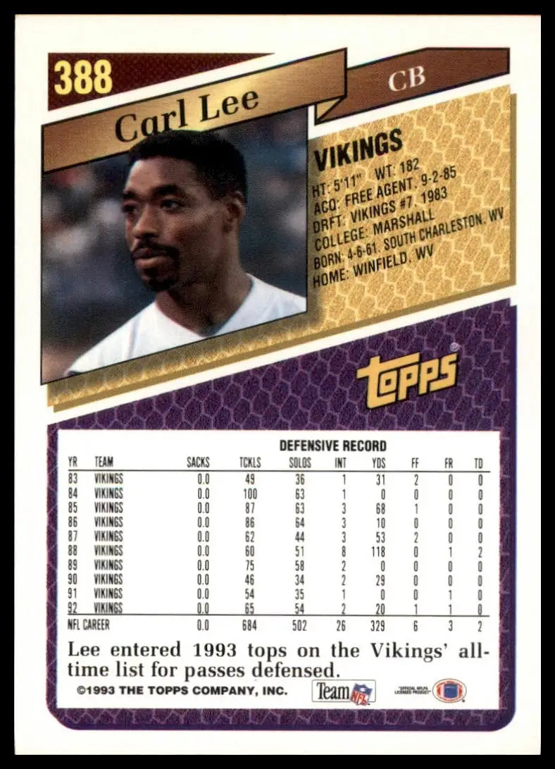 1993 Topps Carl Lee #388 Minnesota Vikings Football Card NFL Sports - Football Card Single