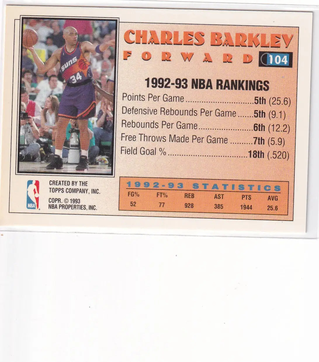 1993 TOPPS GOLD #104 CHARLES BARKLEY ALL STAR- PHOENIX SUNS - Basketball Card Single