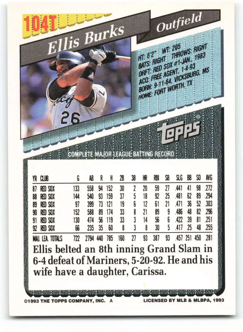 1993 Topps Traded #104T Ellis Burks NM-MT Chicago White Sox Baseball Card - Baseball Card Single