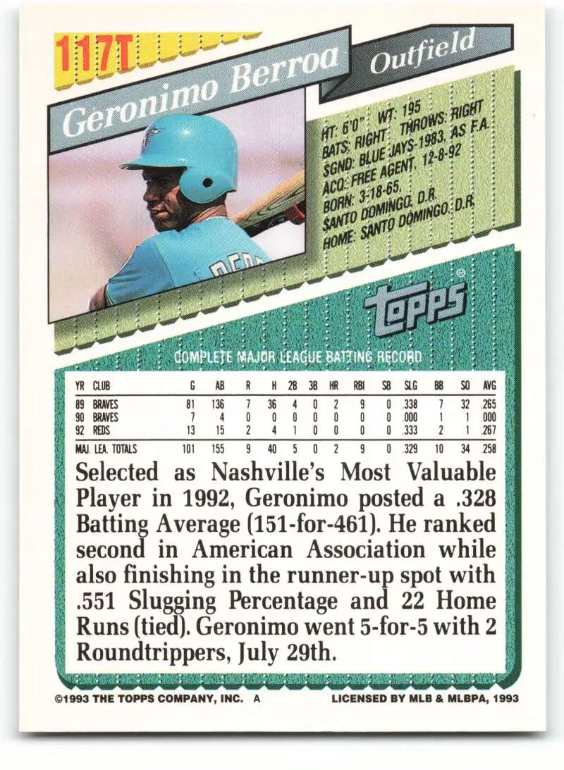1993 Topps Traded #117T Geronimo Berroa NM-MT Florida Marlins Baseball Card - Baseball Card Single