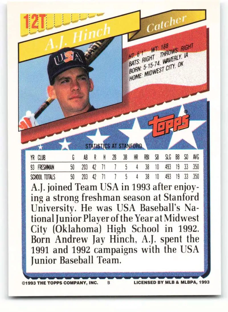 1993 Topps Traded #12T A.J. Hinch NM-MT RC Rookie Team USA Baseball Card - Baseball Card Single