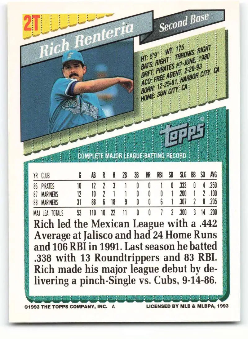 1993 Topps Traded #2T Rich Renteria NM-MT Florida Marlins Baseball Card - Baseball Card Single
