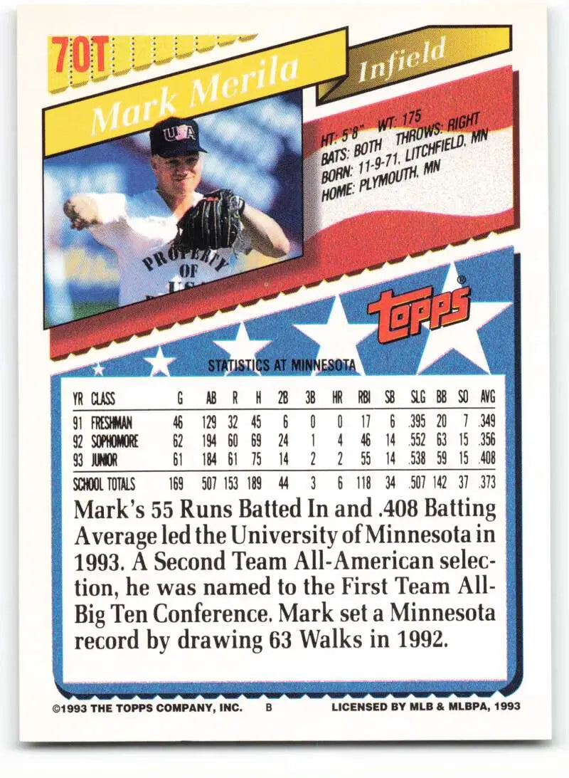 1993 Topps Traded #70T Mark Merila NM-MT RC Rookie Team USA Baseball Card - Baseball Card Single
