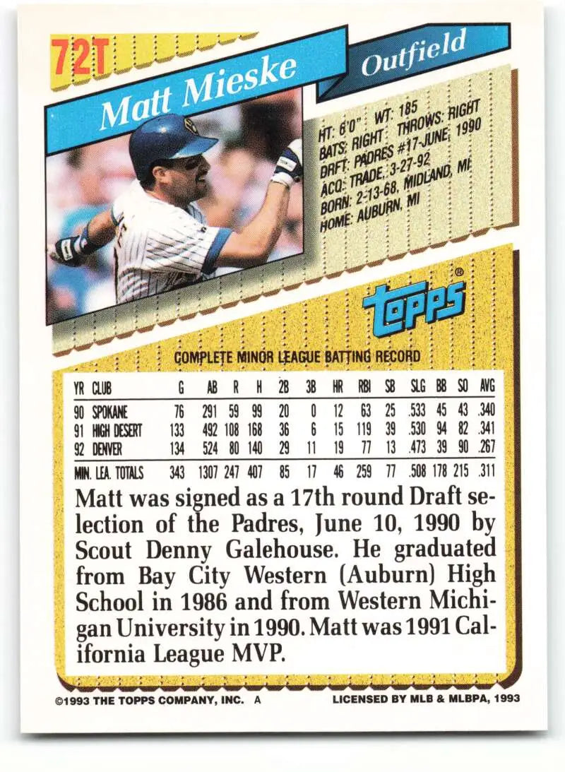 1993 Topps Traded #72T Matt Mieske NM-MT Milwaukee Brewers Baseball Card - Baseball Card Single
