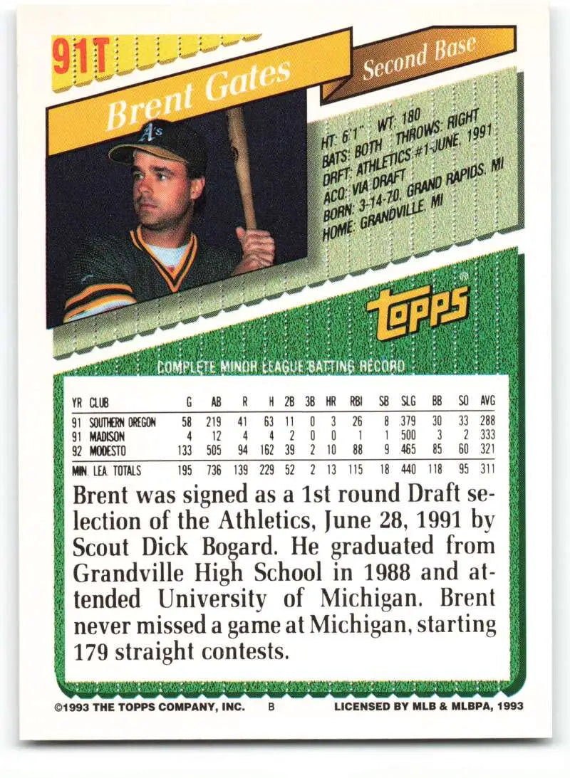 1993 Topps Traded #91T Brent Gates NM-MT Oakland Athletics Baseball Card - Baseball Card Single