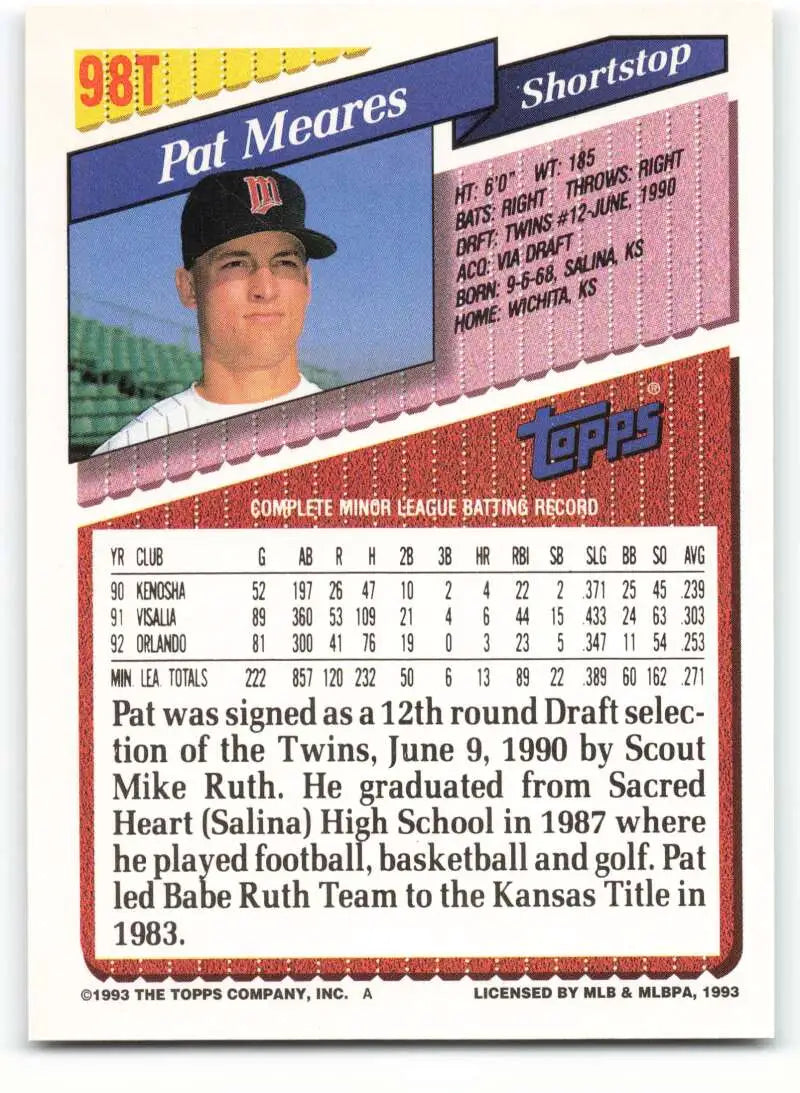1993 Topps Traded #98T Pat Meares NM-MT RC Rookie Minnesota Twins Baseball Card - Baseball Card Single