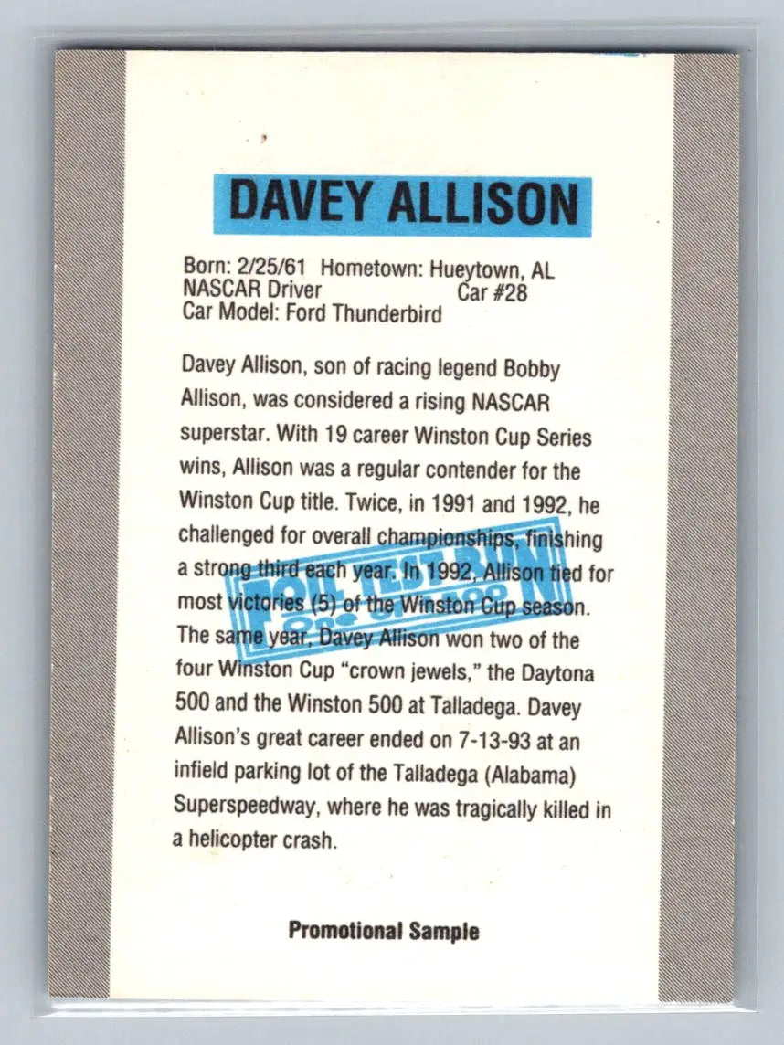 1993 Track Stars #NNO Davey Allison Track Stars Silver Foil Test Run - Racing Card Single