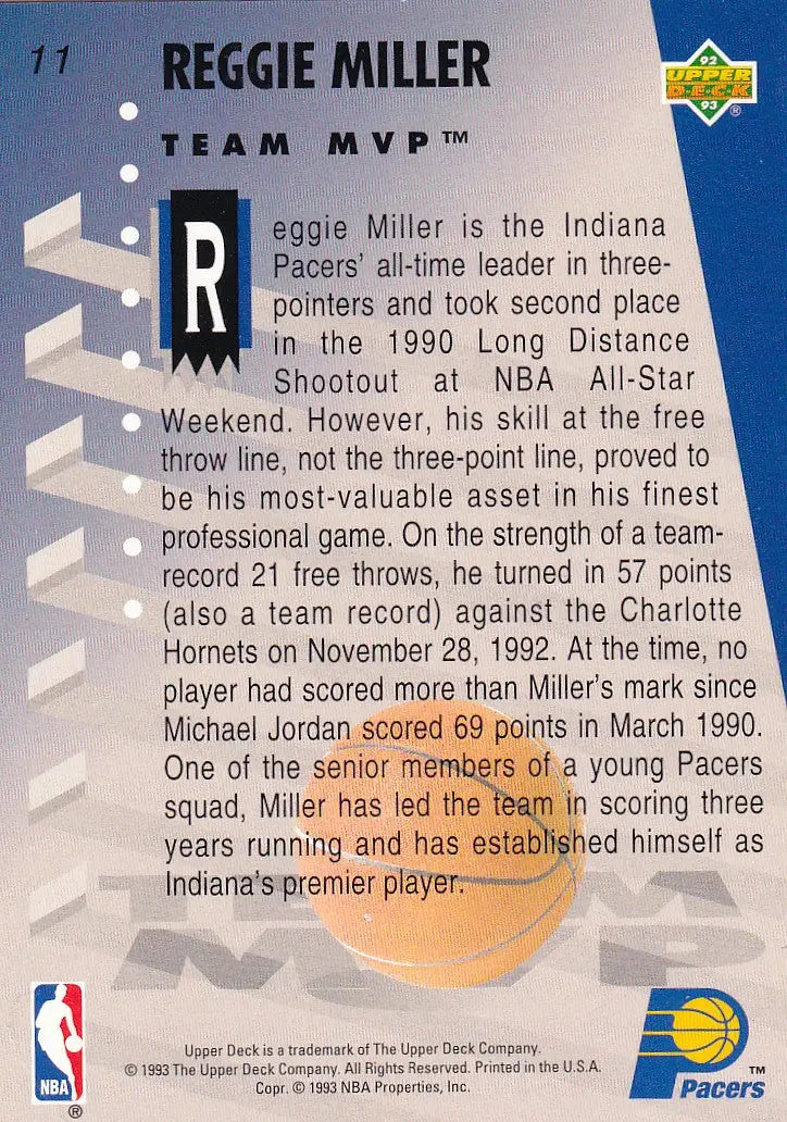 1993 UPPER DECK #11 REGGIE MILLER HOLOGRAM- INDIANA PACERS - Basketball Card Single