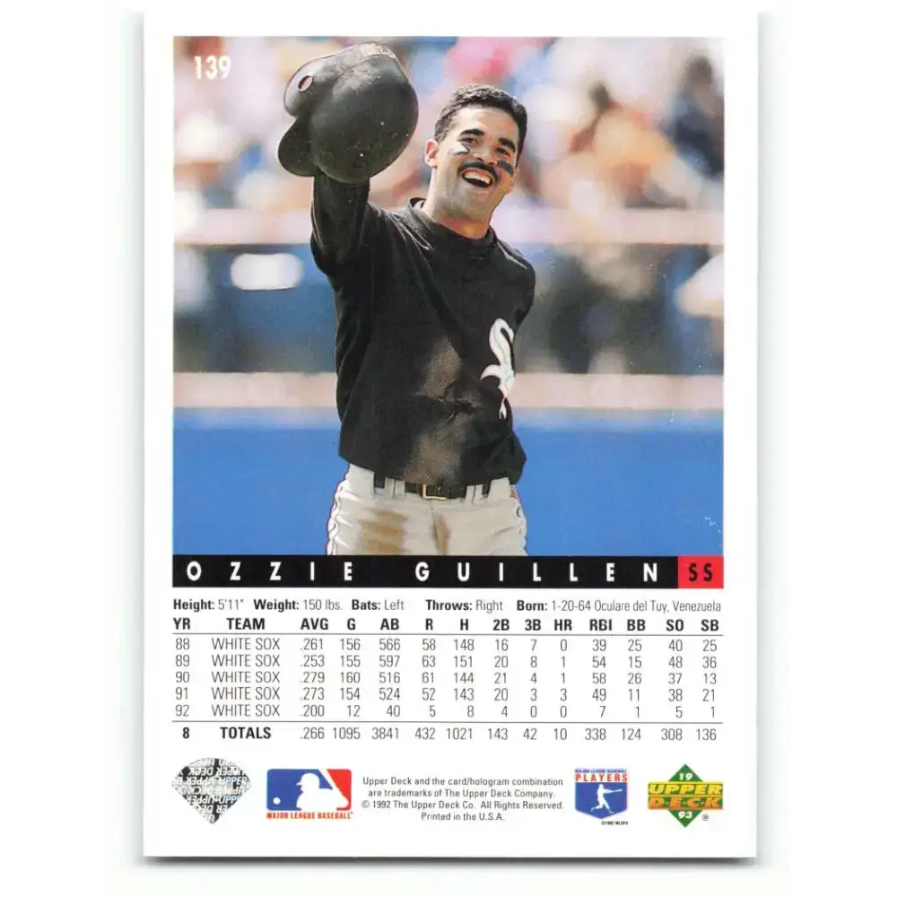 1993 Upper Deck #139 Ozzie Guillen VG Chicago White Sox Baseball Card - Baseball Card Single