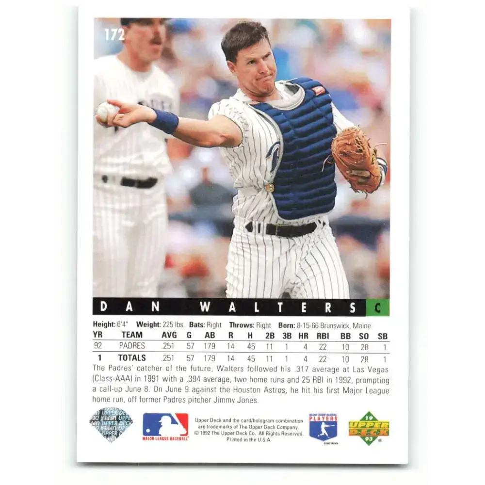1993 Upper Deck #172 Dan Walters VG San Diego Padres Baseball Card - Baseball Card Single