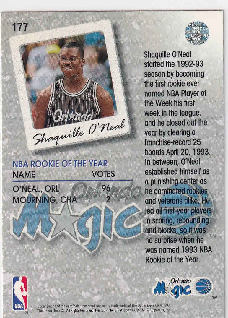 1993 UPPER DECK #177 SHAQUILLE ONEAL SEASON LEADERS- ORLANDO MAGIC - Basketball Card Single
