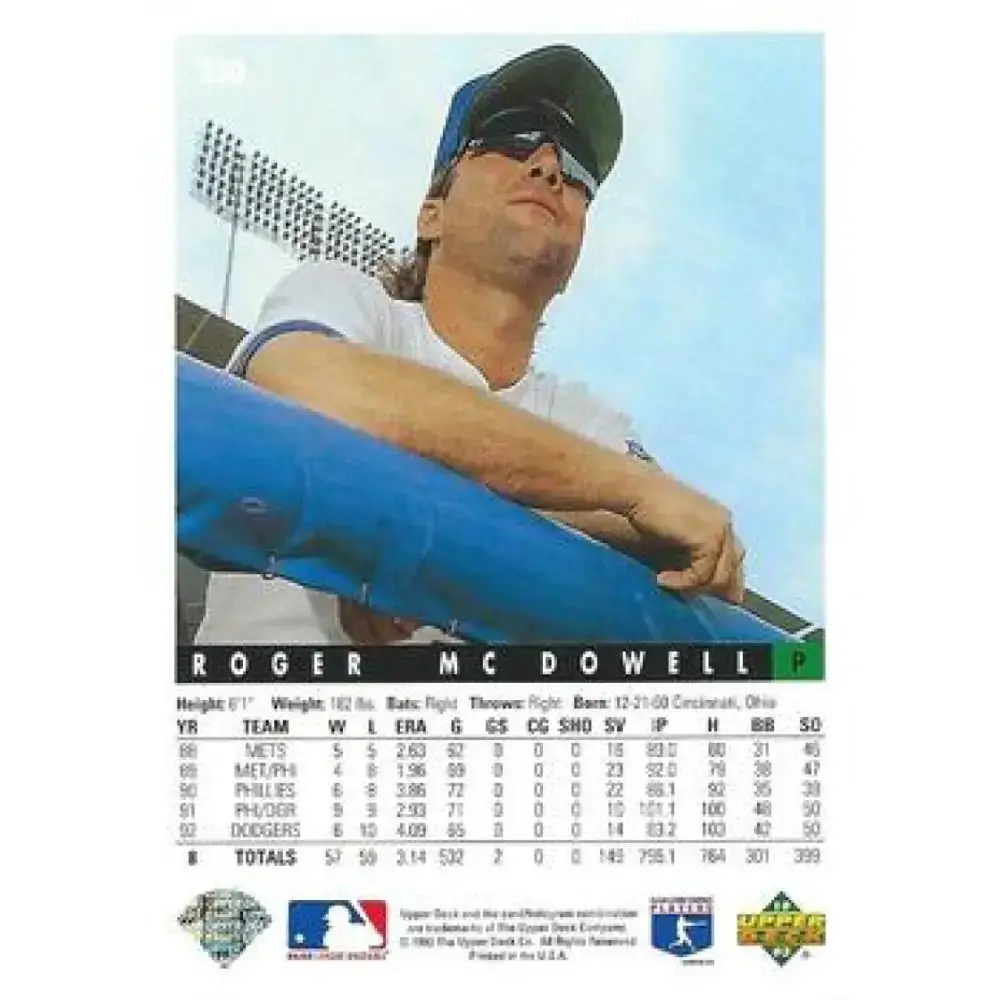 1993 Upper Deck #250 Roger McDowell VG Los Angeles Dodgers Baseball Card - Baseball Card Single