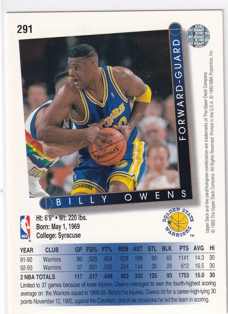 1993 UPPER DECK #291 BILLY OWENS- GOLDEN STATE WARRIORS - Basketball Card Single
