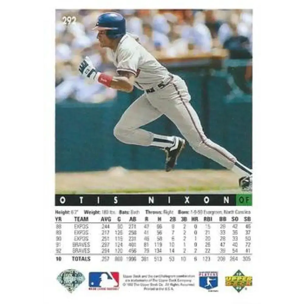 1993 Upper Deck #292 Otis Nixon VG Atlanta Braves Baseball Card - Baseball Card Single