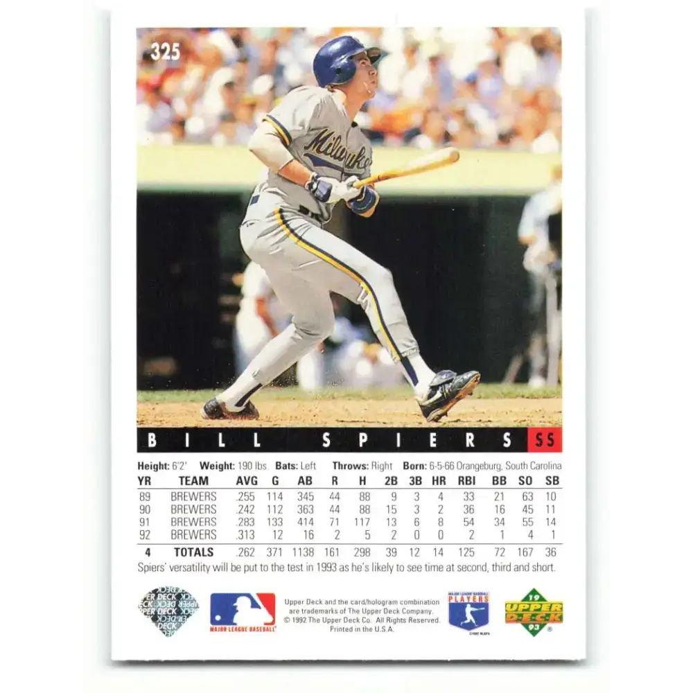 1993 Upper Deck #325 Bill Spiers VG Milwaukee Brewers Baseball Card - Baseball Card Single