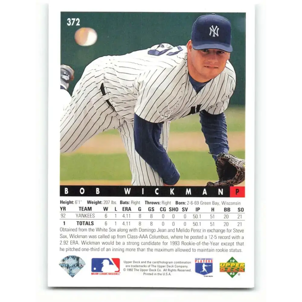 1993 Upper Deck #372 Bob Wickman VG New York Yankees Baseball Card - Baseball Card Single