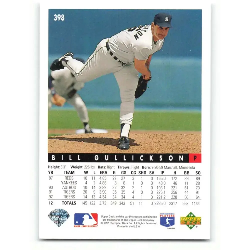 1993 Upper Deck #398 Bill Gullickson VG Detroit Tigers Baseball Card - Baseball Card Single