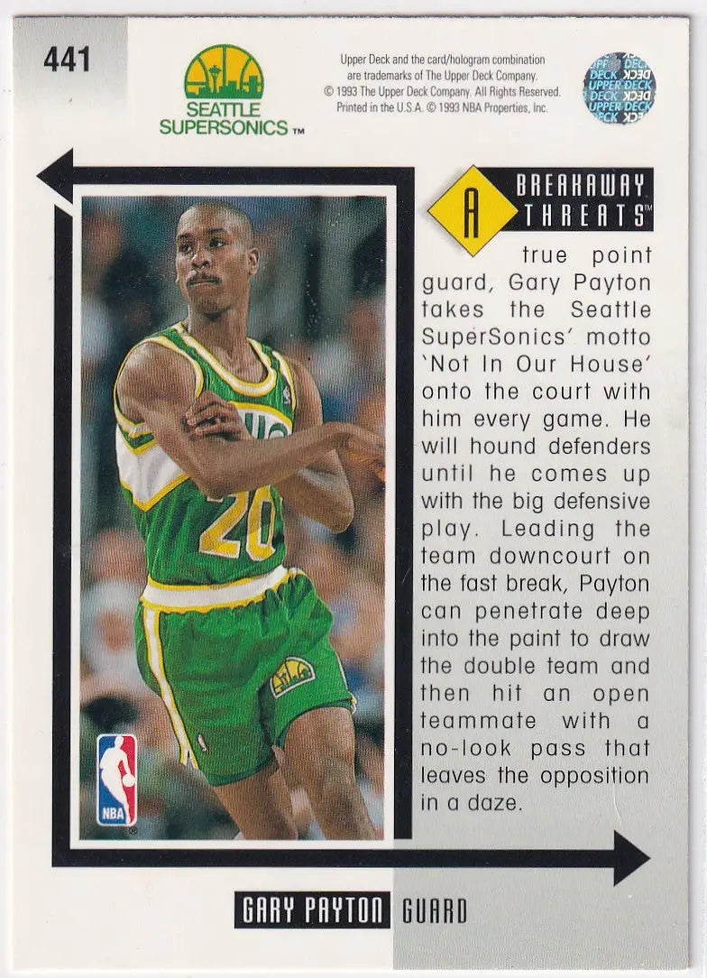 1993 UPPER DECK #441 GARY PAYTON- SEATTLE SUPER SONICS - Basketball Card Single