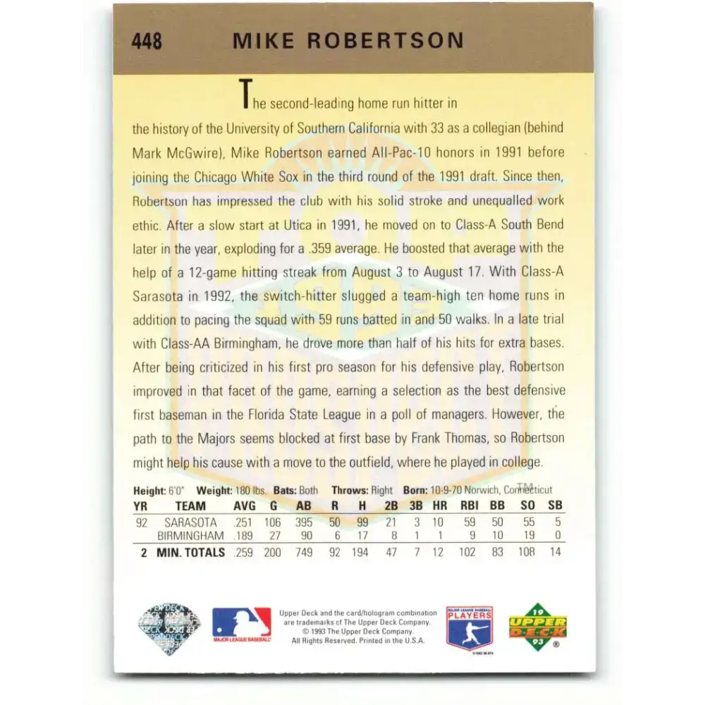1993 Upper Deck #448 Mike Robertson TP VG Chicago White Sox Baseball Card - Baseball Card Single