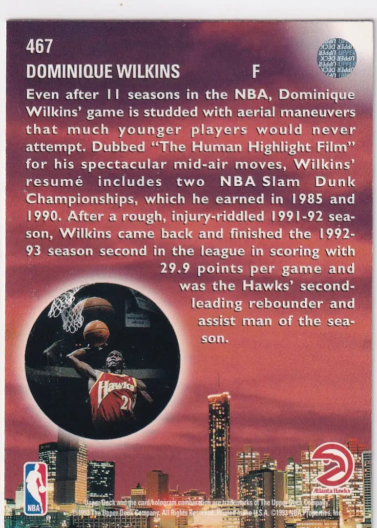 1993 UPPER DECK #467 DOMINIQUE WILKINS SKYLIGHT- ATLANTA HAWKS - Basketball Card Single
