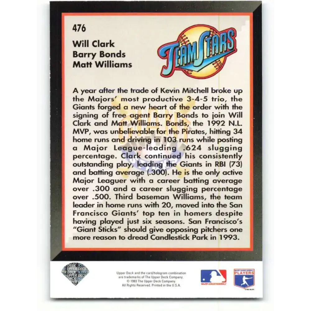 1993 Upper Deck #476 Will Clark/Barry Bonds/Matt Williams VG San Francisco Giants Baseball Card - Baseball Card Single