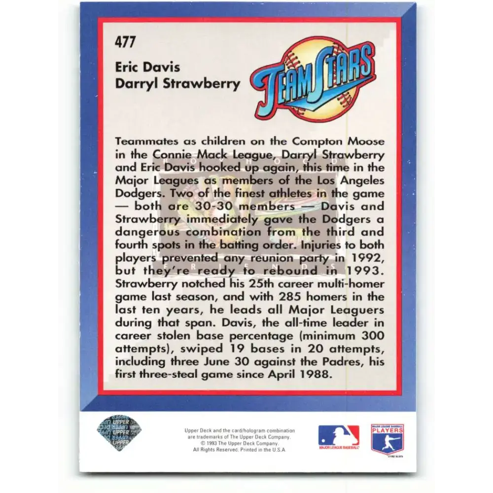 1993 Upper Deck #477 Eric Davis/Darryl Strawberry VG Los Angeles Dodgers Baseball Card - Baseball Card Single