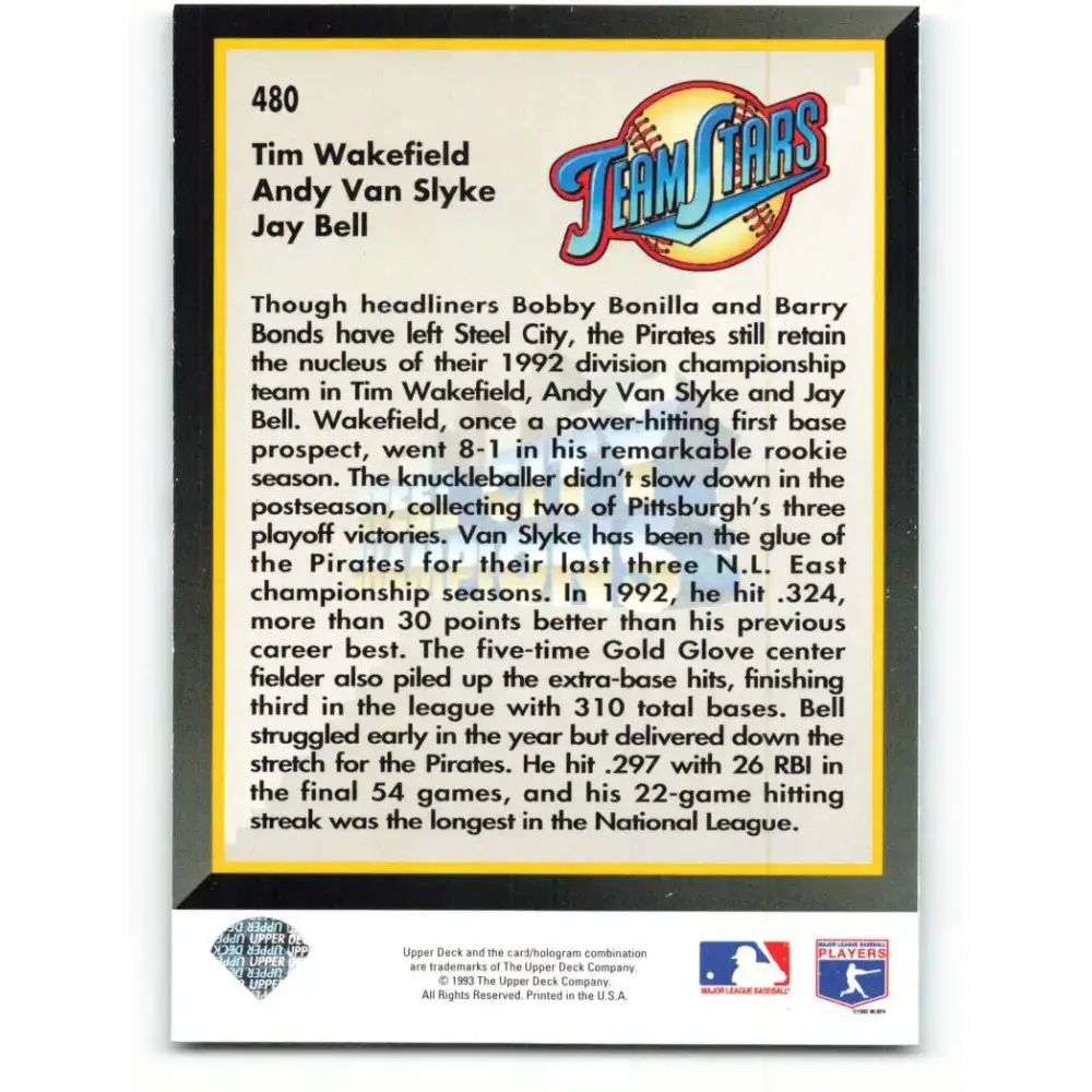 1993 Upper Deck #480 Tim Wakefield/Andy Van Slyke/Jay Bell VG Pittsburgh Pirates Baseball Card - Baseball Card Single
