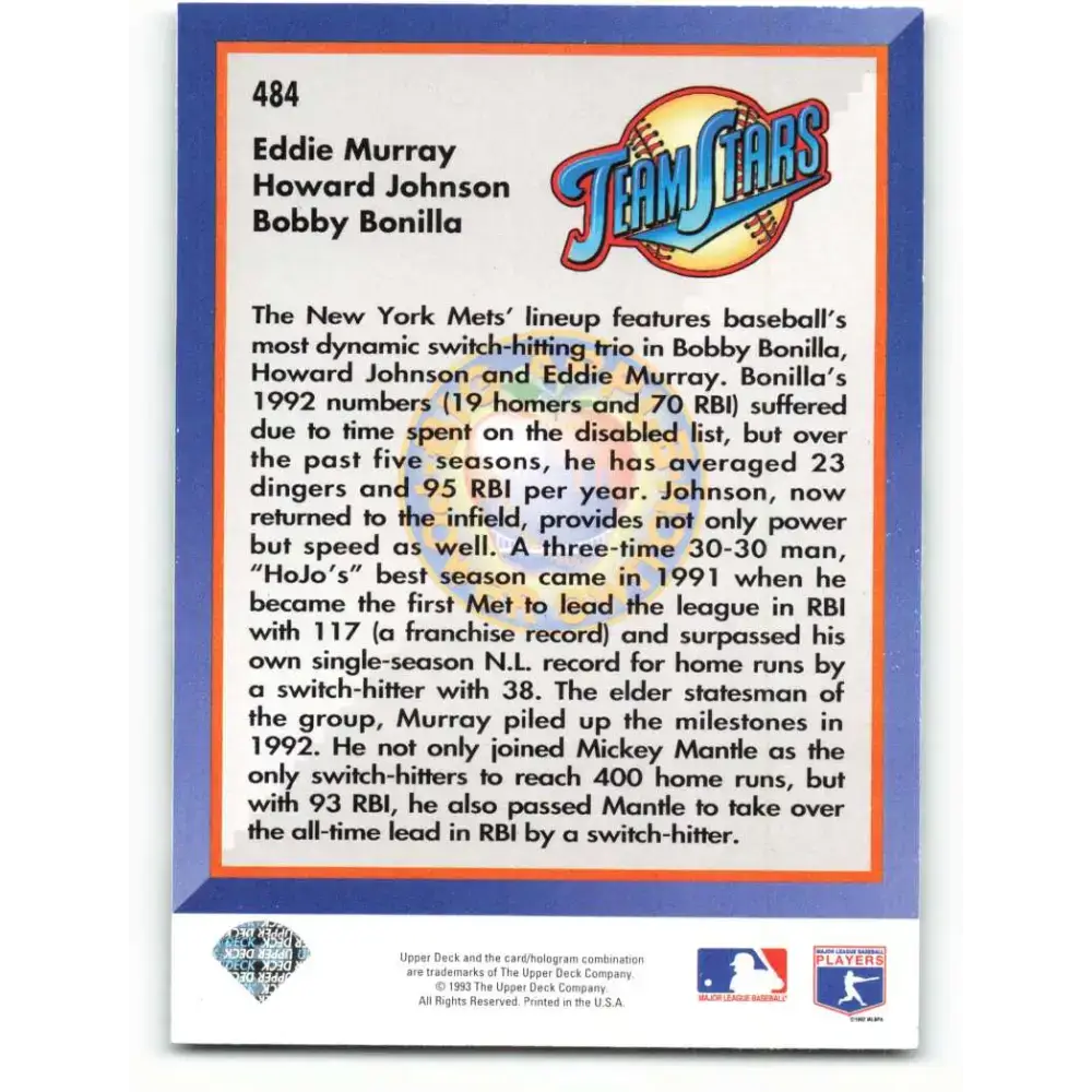 1993 Upper Deck #484 Eddie Murray/Howard Johnson/Bobby Bonilla VG New York Mets Baseball Card - Baseball Card Single
