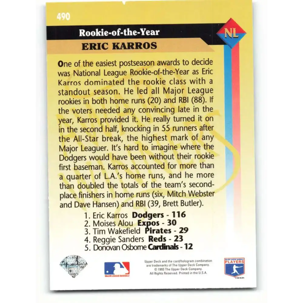 1993 Upper Deck #490 Eric Karros AW VG Los Angeles Dodgers Baseball Card - Baseball Card Single