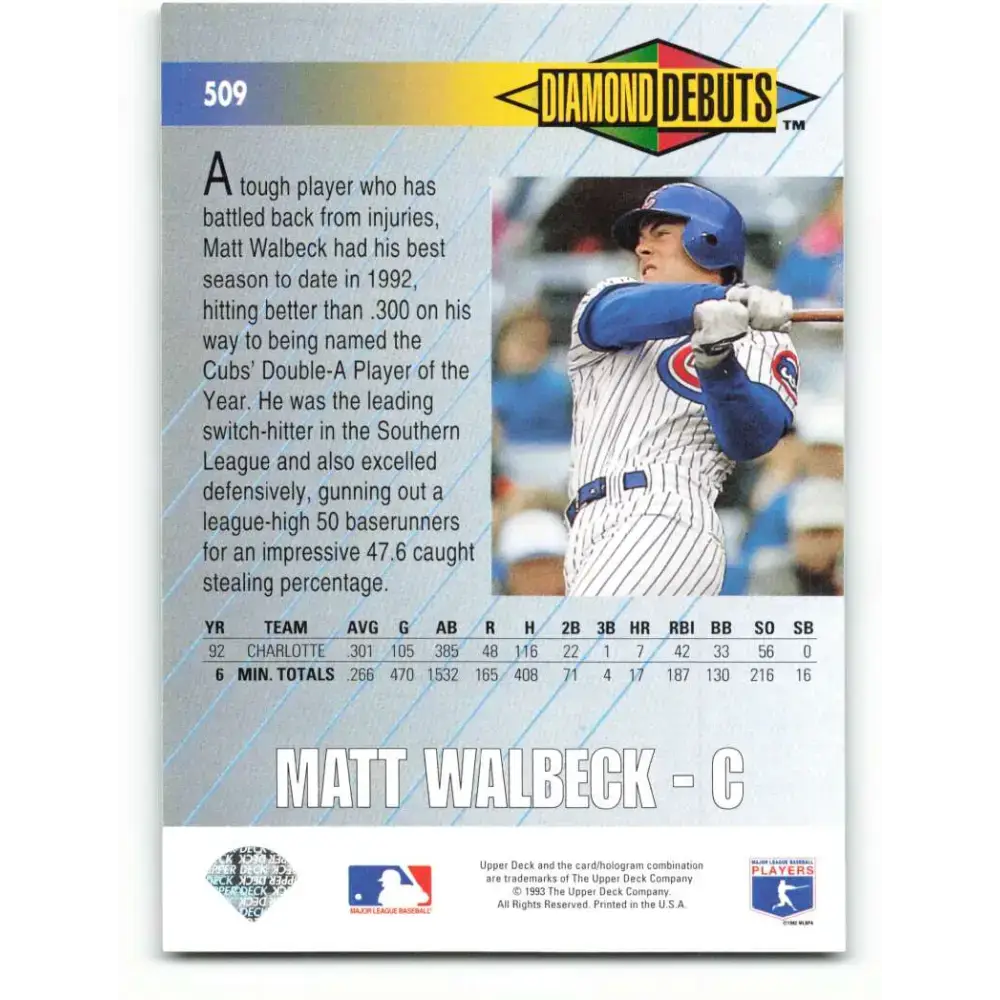 1993 Upper Deck #509 Matt Walbeck VG RC Rookie Chicago Cubs Baseball Card - Baseball Card Single