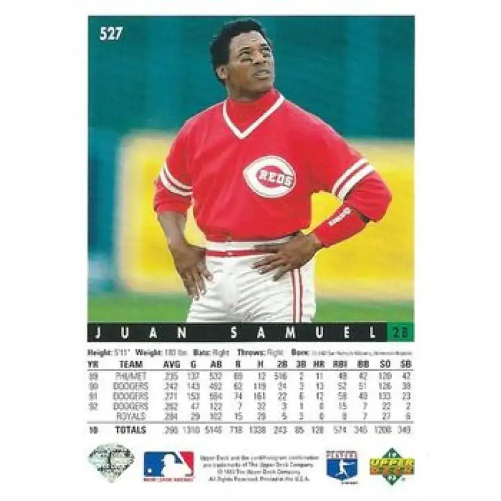 1993 Upper Deck #527 Juan Samuel VG Cincinnati Reds Baseball Card - Baseball Card Single